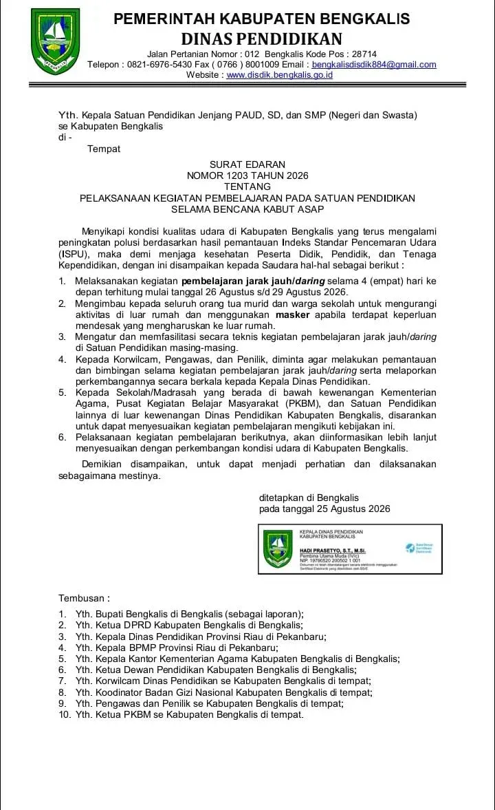 KABUT ASAP MEMBURUK, DISDIK BENGKALIS BERLAKUKAN PJJ DARING 26-29 AGUSTUS 2026