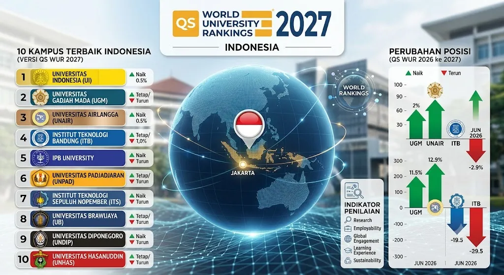 DAFTAR KAMPUS TERBAIK INDONESIA VERSI QS WUR 2027, UGM DAN UNAIR NAIK KELAS, UNHAS TEMBUS 10 BESAR
