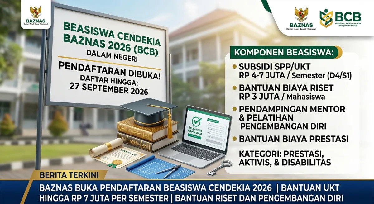 PENDAFTARAN BEASISWA CENDEKIA BAZNAS 2026 DIBUKA, BANTUAN UKT HINGGA RP7 JUTA PER SEMESTER